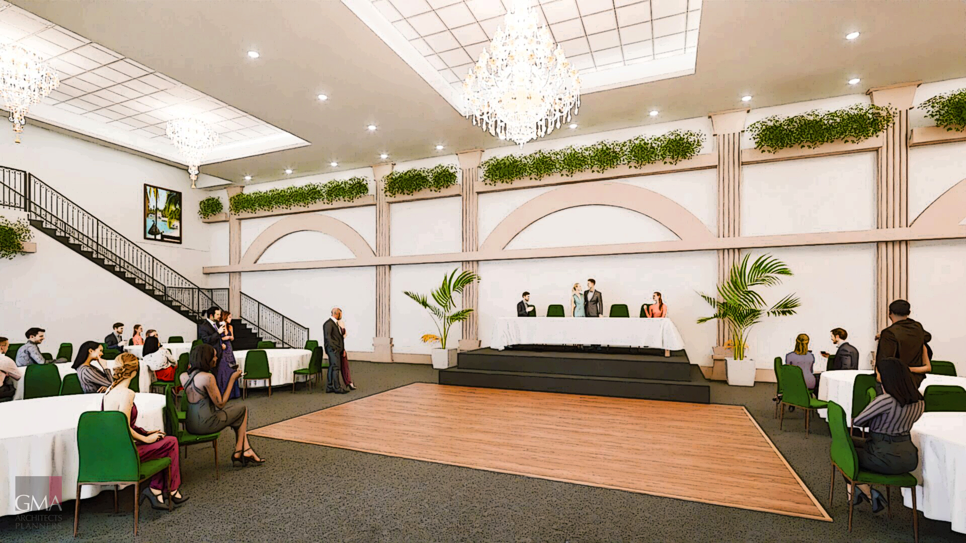 Palms Manor ballroom architectural rendering, open larger image