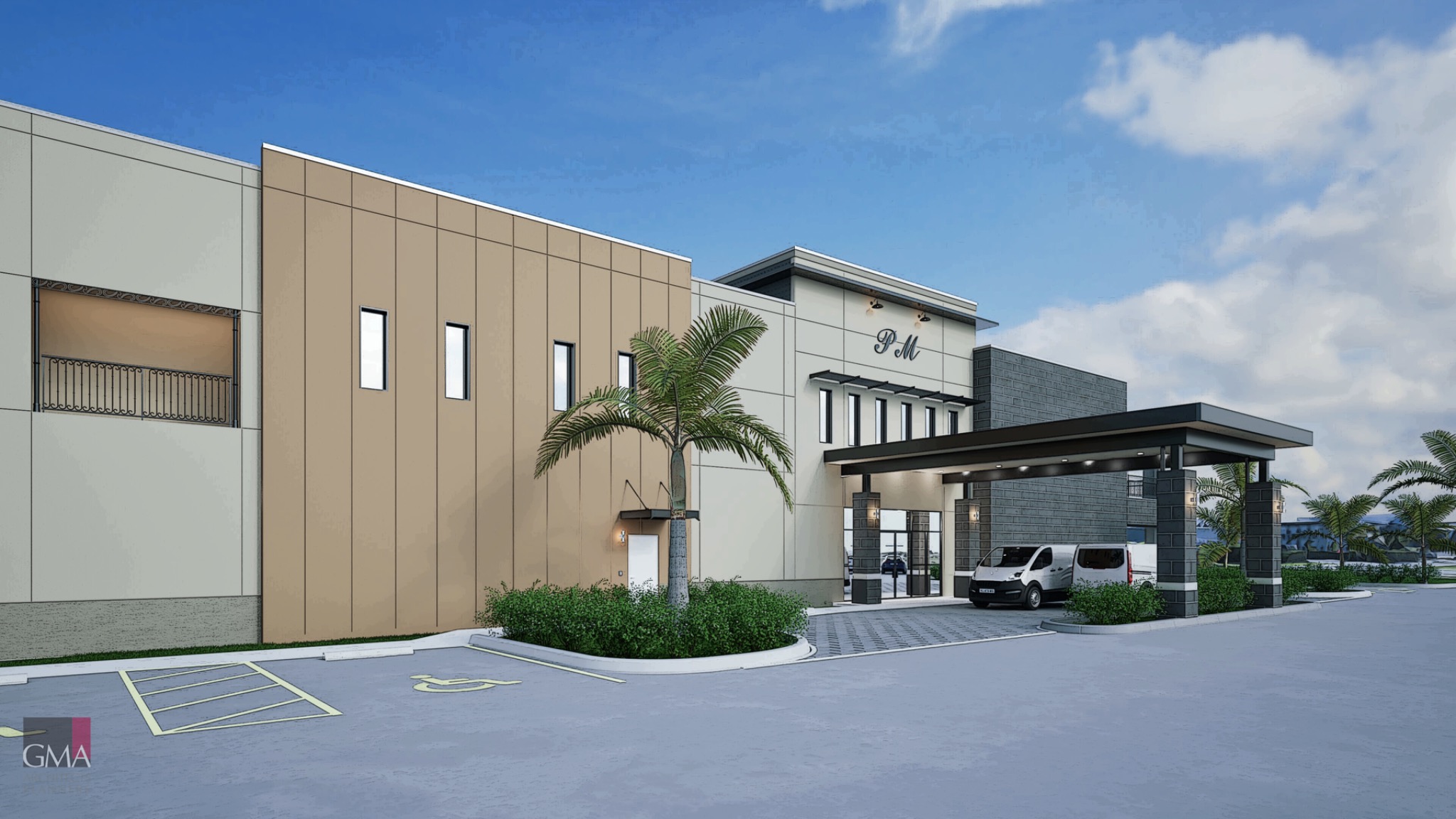 Palms Manor covered arrival architectural rendering, open larger image