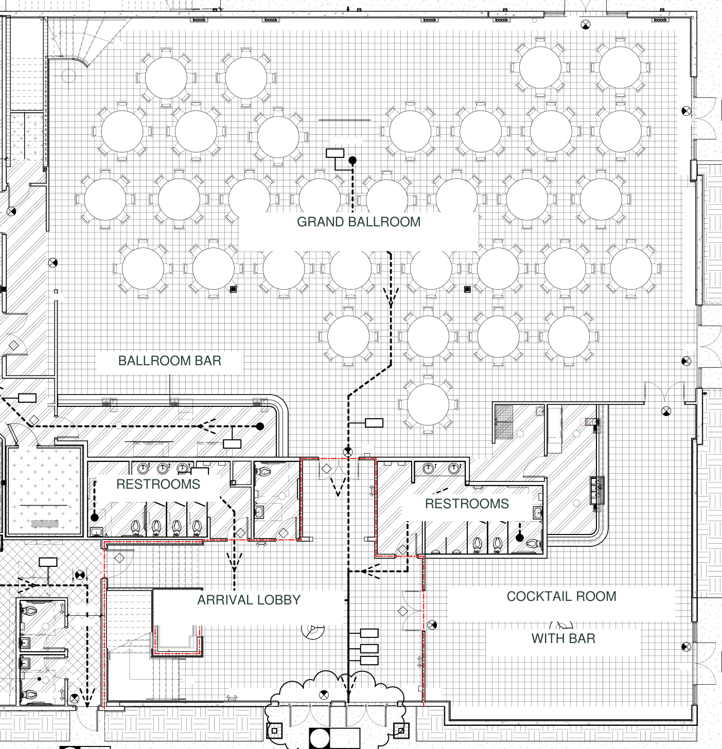 Sanitized first-floor guest layout showing ballroom, cocktail room with bar, lobby and restrooms