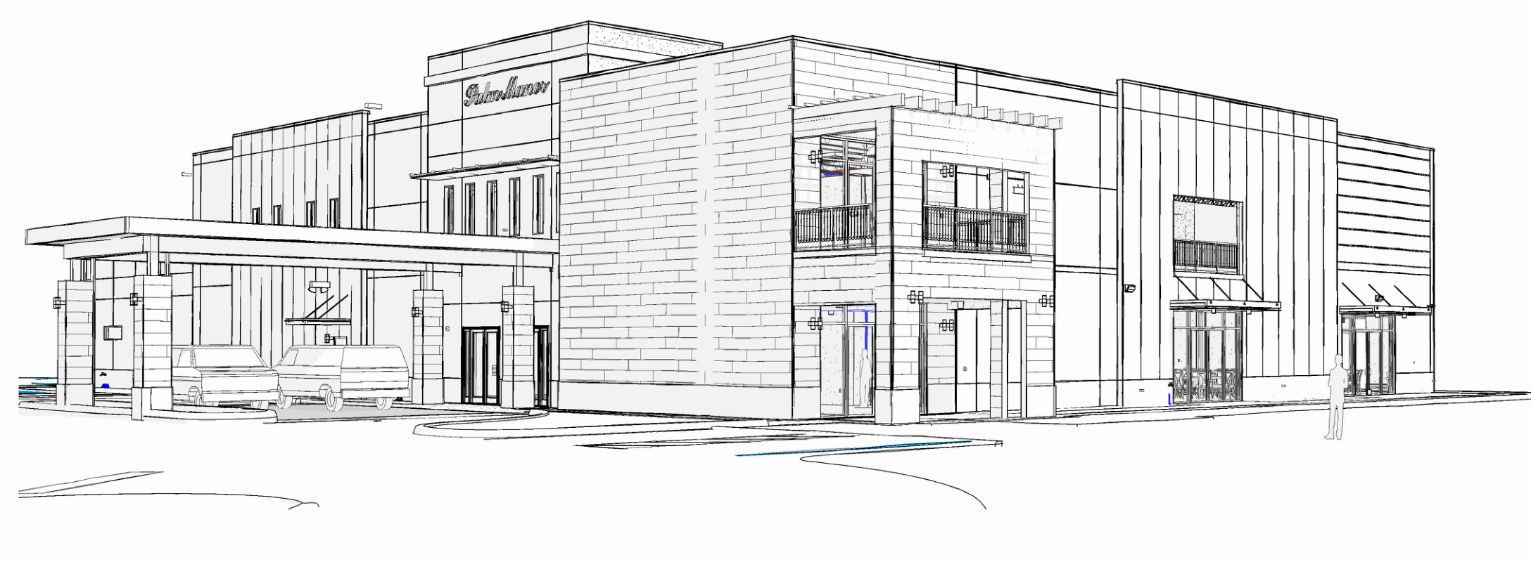 Architectural perspective of Palms Manor's front exterior and covered arrival