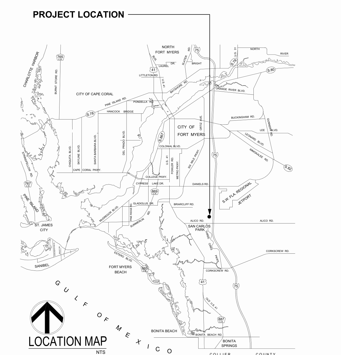Regional Southwest Florida map marking Palms Manor near Alico Road and Interstate 75